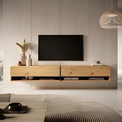 میز TV دیواری ام‌دی‌اف | روکش بلوط برجسته | دکومیز